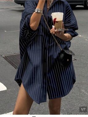 Navy Casual Women's Pocket  Button-Down Long Sleeve Striped Blouse Top